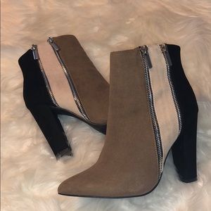 JustFab Black and Tan Booties with Zipper Detail